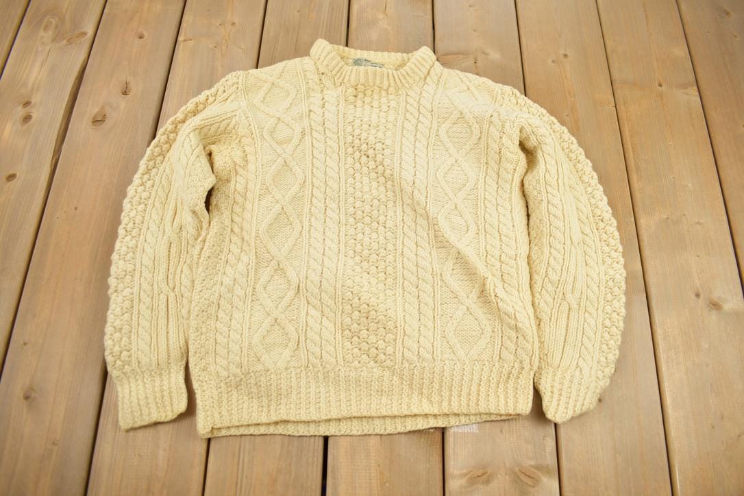 Vintage 1970s 100% Wool 3D Cable Knit Mock Neck Sweater