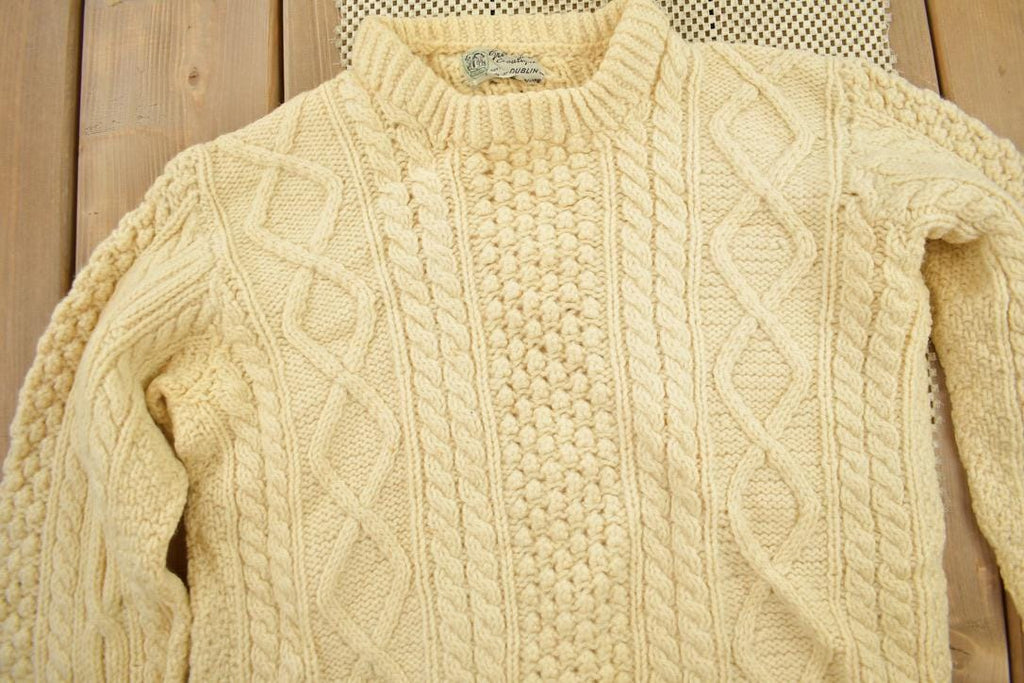 Vintage 1970s 100% Wool 3D Cable Knit Mock Neck Sweater