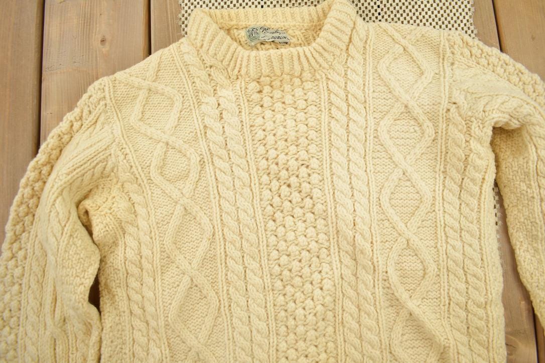 Vintage 1970s 100% Wool 3D Cable Knit Mock Neck Sweater