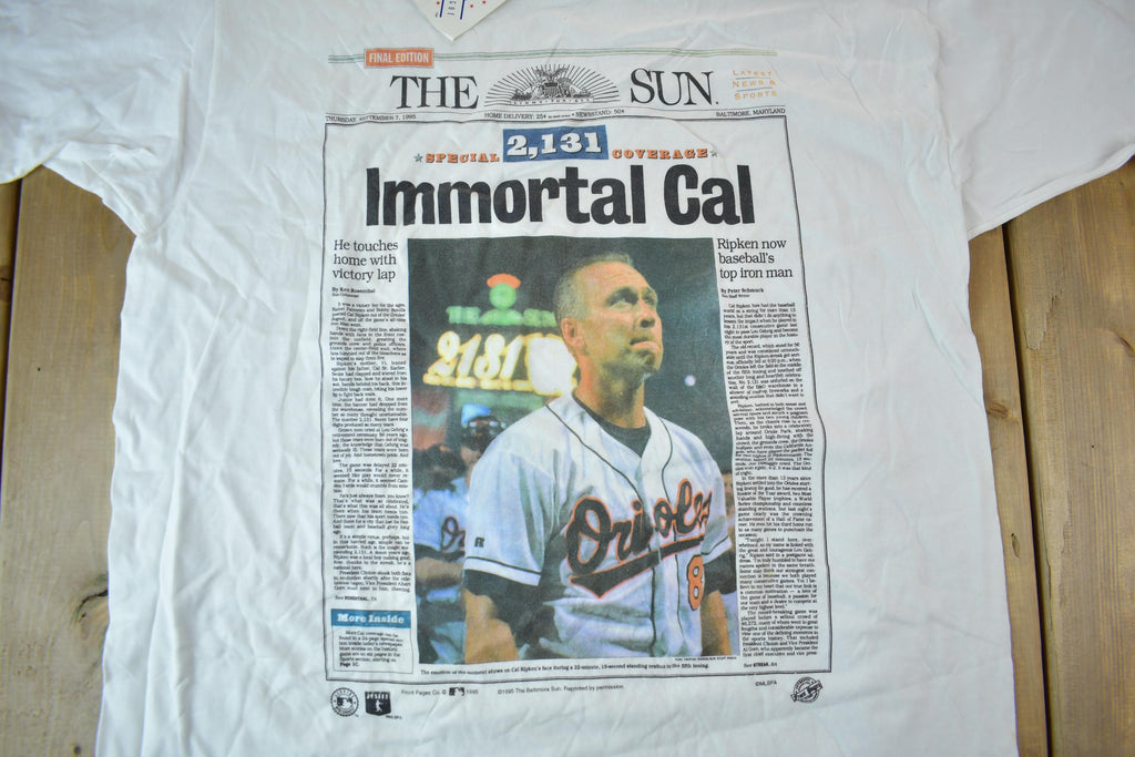 Vintage 1995 Baltimore Orioles Cal Ripkin Jr Baltimore Sun Graphic T-Shirt
