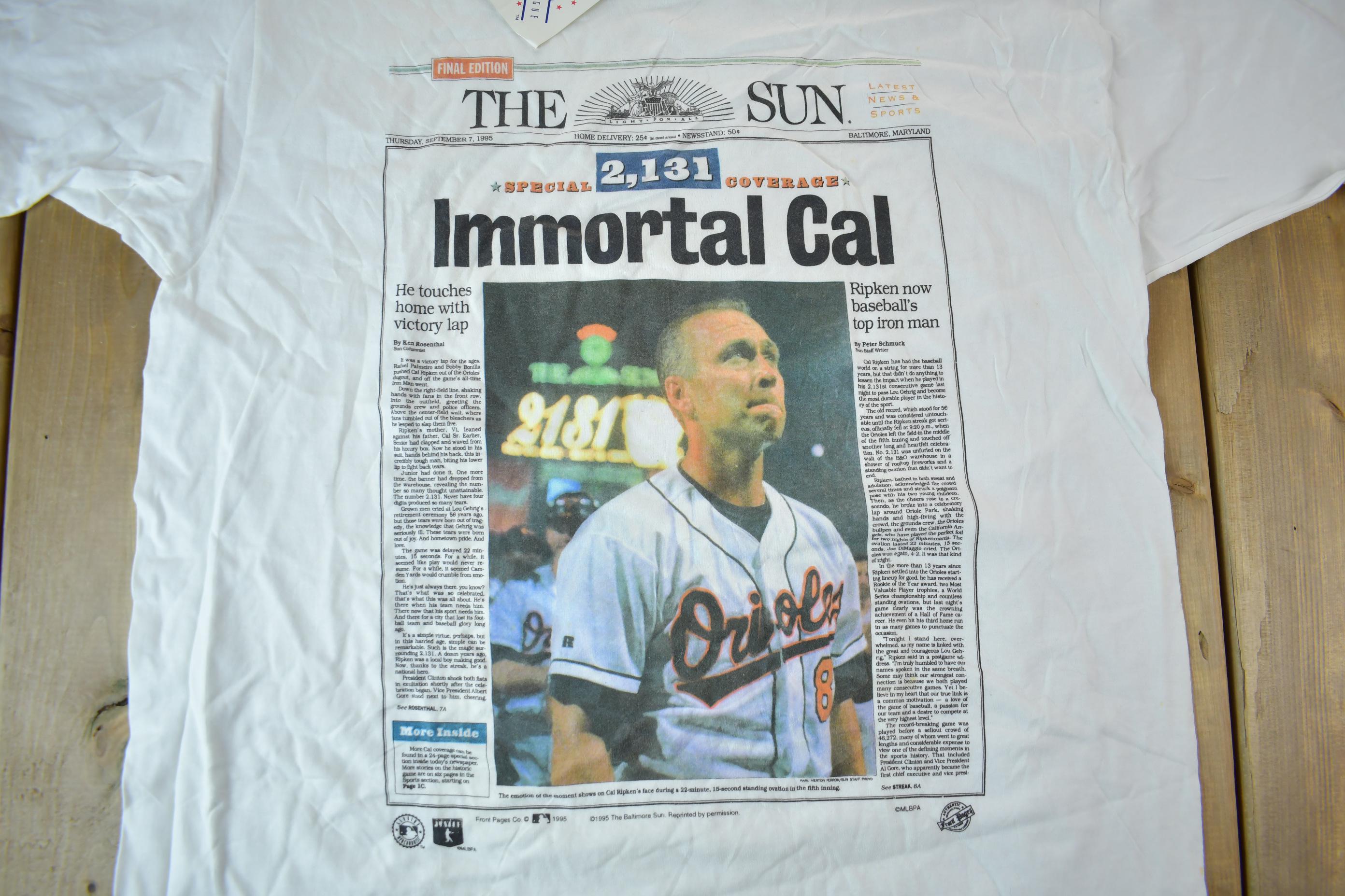 Vintage 1995 Baltimore Orioles Cal Ripkin Jr Baltimore Sun Graphic T-Shirt