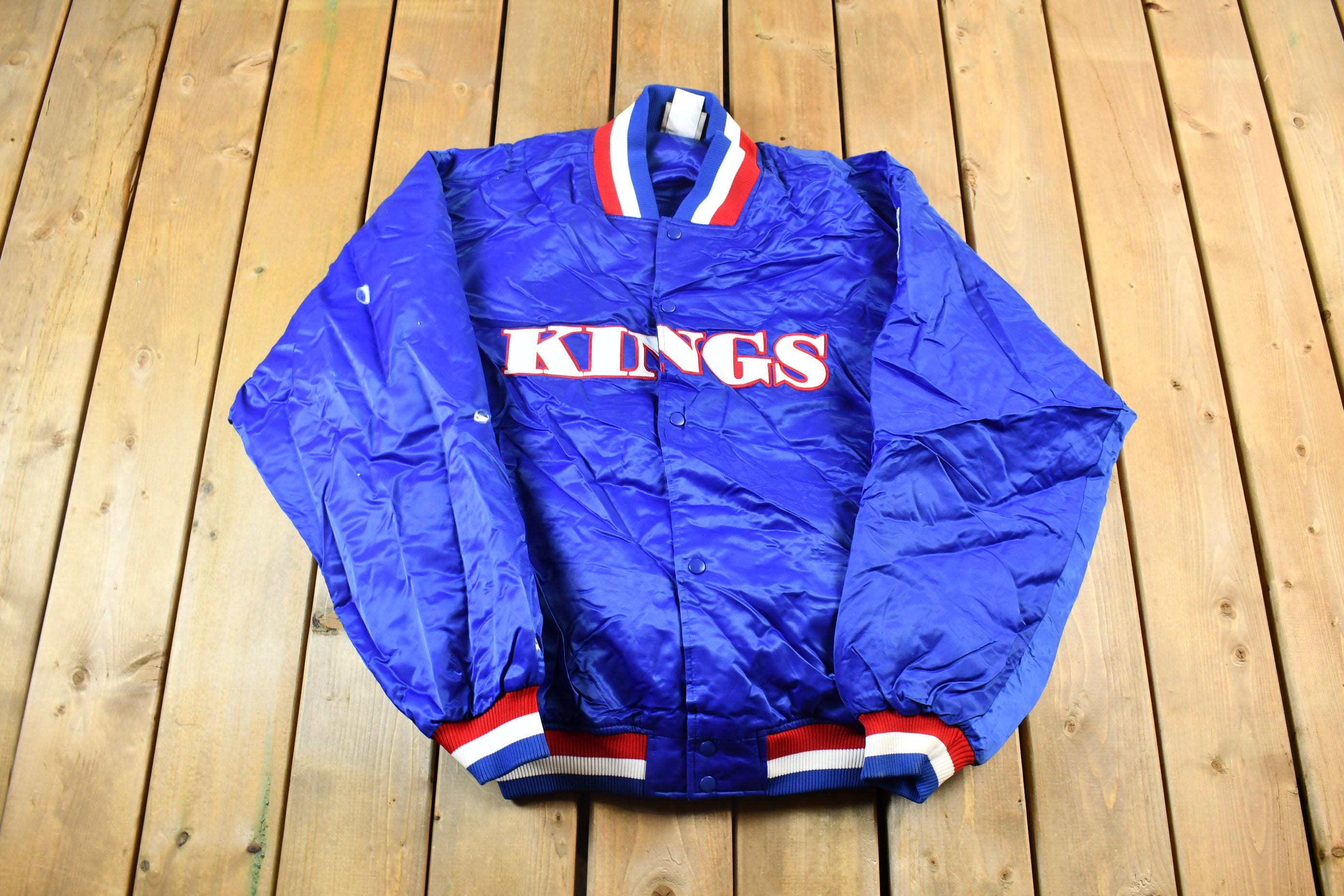 Vintage 1990s Hardwood Classics Kansas City Kings NBA Basketball Embroidered Snap Button Satin Bomber Jacket