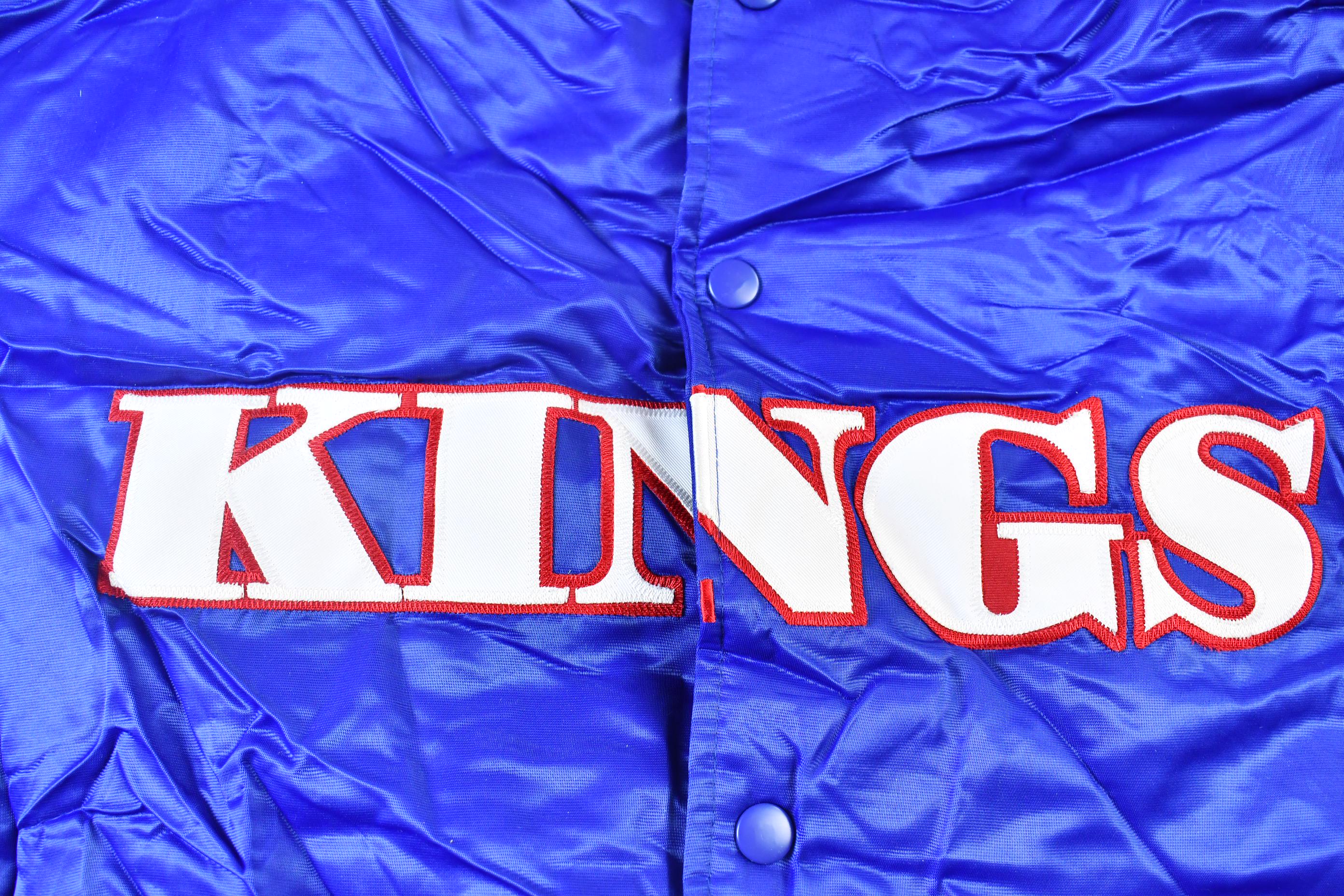 Vintage 1990s Hardwood Classics Kansas City Kings NBA Basketball Embroidered Snap Button Satin Bomber Jacket
