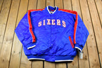 Vintage 1990s Hardwood Classics Philadelphia 76ers NBA Basketball Embroidered Snap Button Satin Bomber Jacket