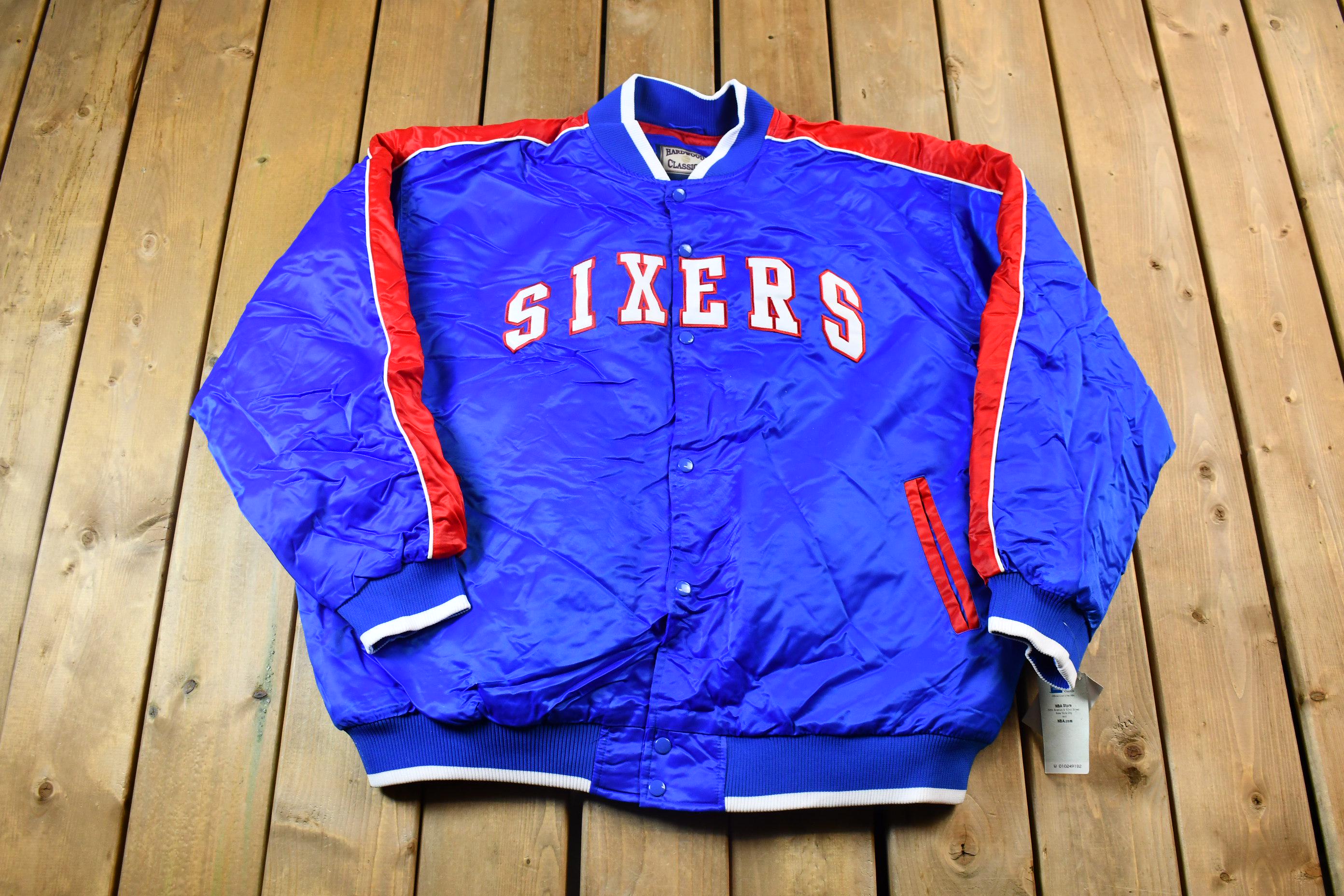 Vintage 1990s Hardwood Classics Philadelphia 76ers NBA Basketball Embroidered Snap Button Satin Bomber Jacket