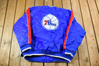 Vintage 1990s Hardwood Classics Philadelphia 76ers NBA Basketball Embroidered Snap Button Satin Bomber Jacket