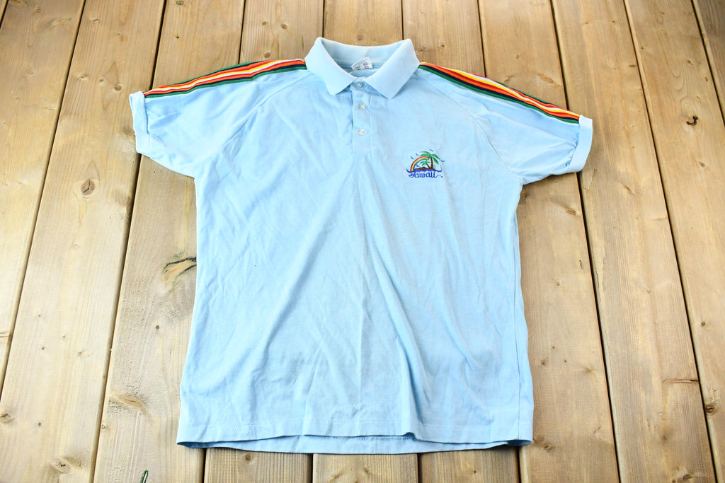 Vintage 1990s Light Blue With Colorful Embroidered Sleeves Hawaiian Island Souvenir Polo Shirt
