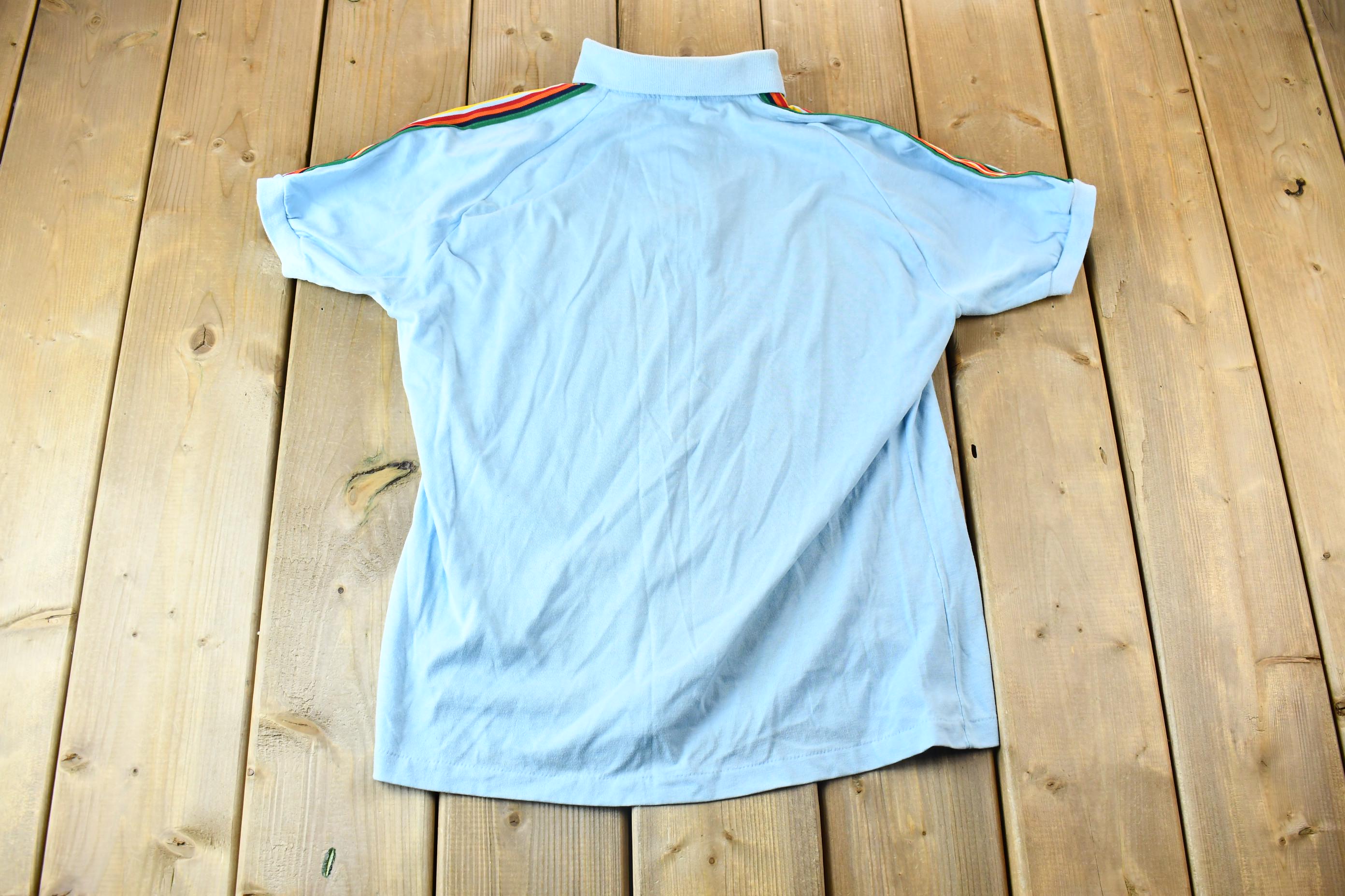 Vintage 1990s Light Blue With Colorful Embroidered Sleeves Hawaiian Island Souvenir Polo Shirt