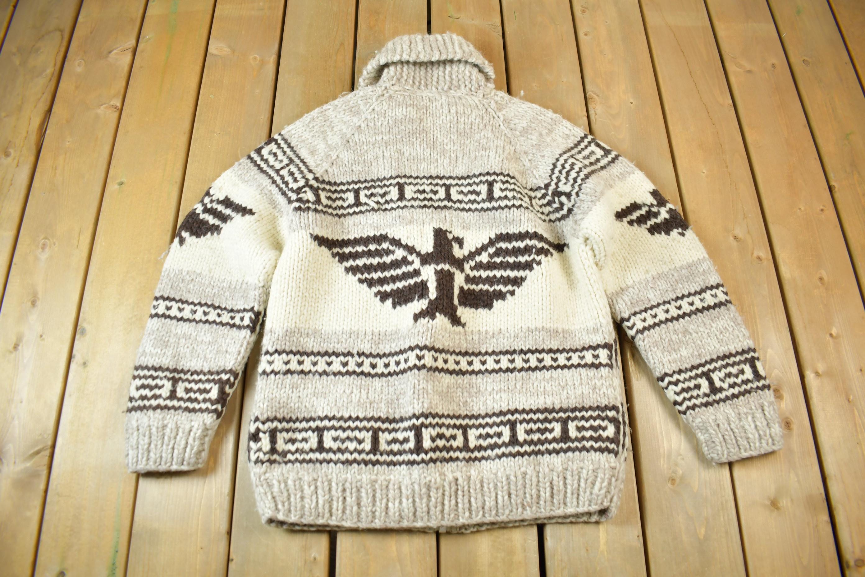 Vintage 1950s Hand-Knit Eagle Theme Cowichan Sweater