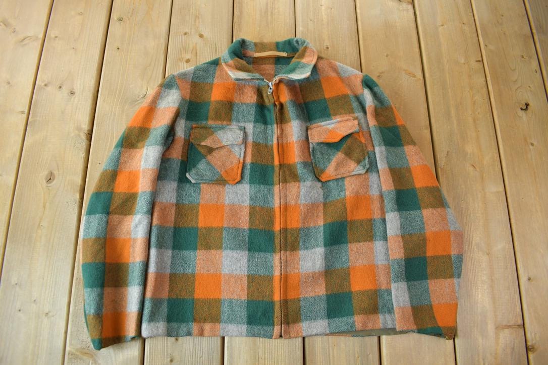 Vintage 1950s Orange & Green Plaid Wool Zip Up Jacket