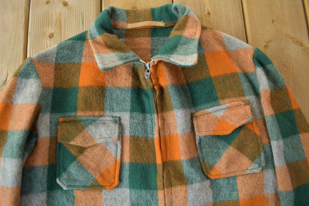Vintage 1950s Orange & Green Plaid Wool Zip Up Jacket