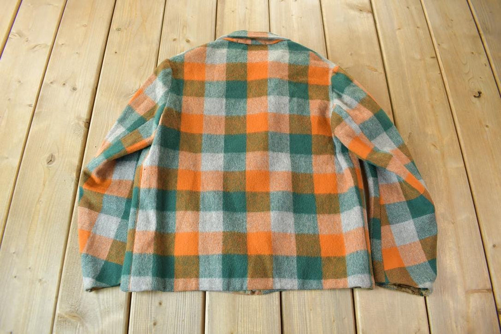 Vintage 1950s Orange & Green Plaid Wool Zip Up Jacket