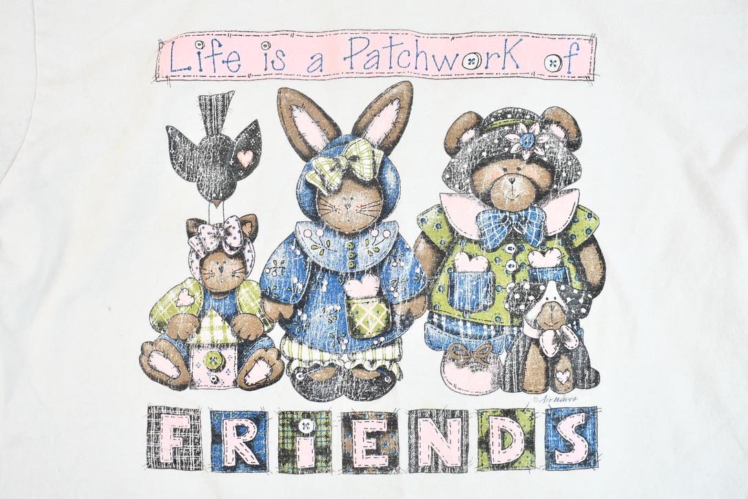 Vintage 1990s Life is a Patchwork of Friends Cute Stuffed Animal Graphic T-Shirt