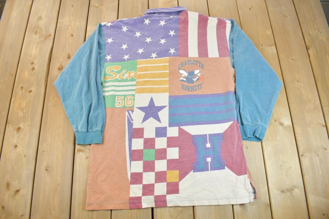 Vintage 1990s Charlotte Hornets NBA Color Block Long Sleeve Polo Shirt