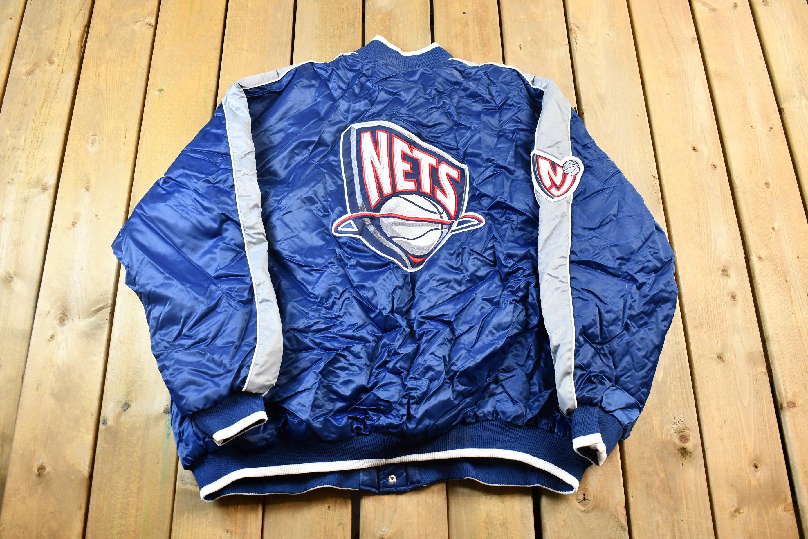 Vintage 1990s Bigman Sports New Jersey Nets NBA Basketball Embroidered Snap Button Satin Bomber Jacket