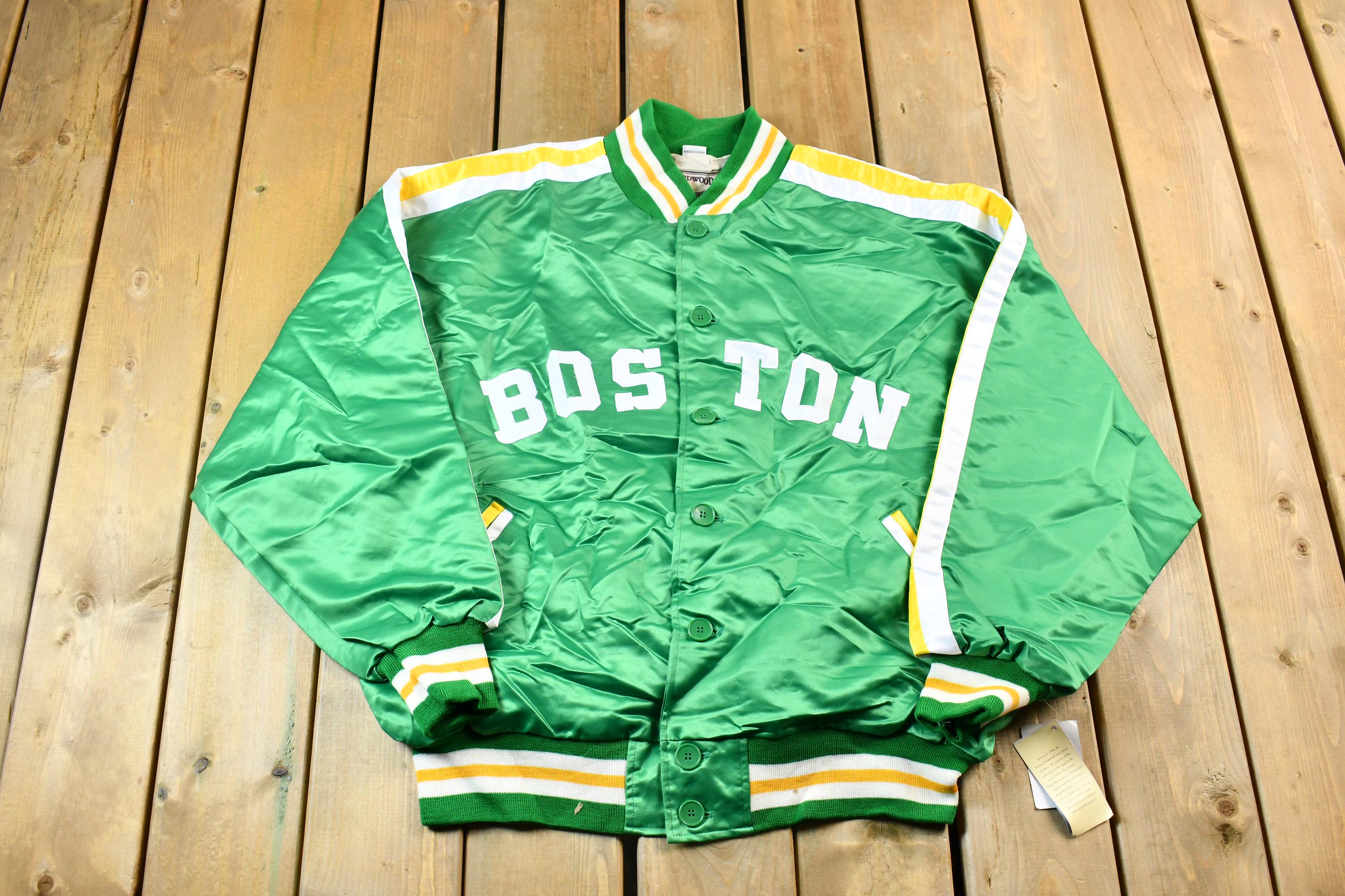 Vintage 1990s Hardwood Classics Bill Russell Boston Celtics NBA Basketball Embroidered Snap Button Satin Bomber Jacket