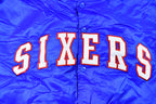 Vintage 1990s Hardwood Classics Philadelphia 76ers NBA Basketball Embroidered Snap Button Satin Bomber Jacket