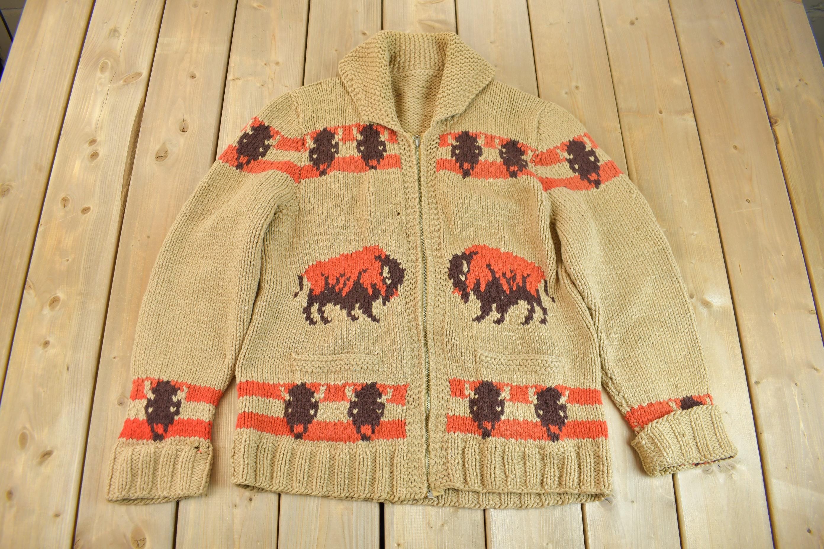 Vintage 1950s Hand-Knit Buffalo Theme Cowichan Sweater