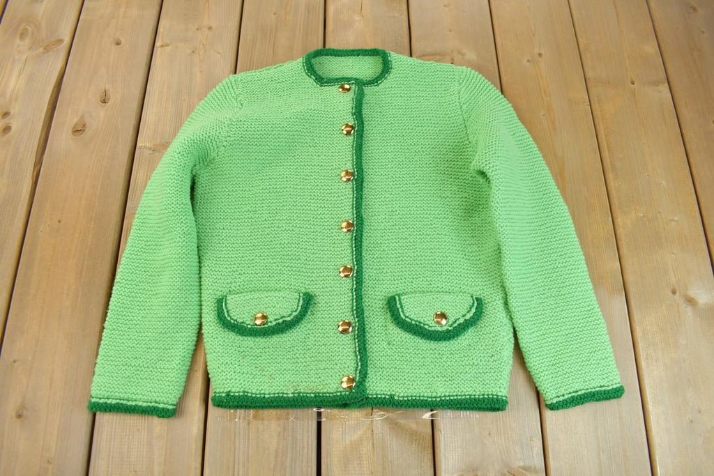 Vintage 1960s Lime Green Knit Cardigan Sweater