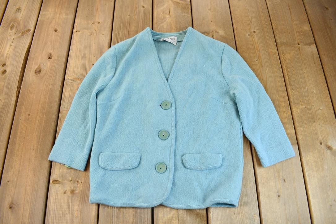 Vintage 1960s Glasgo Light Blue Knit Mohair Blend Cardigan Sweater