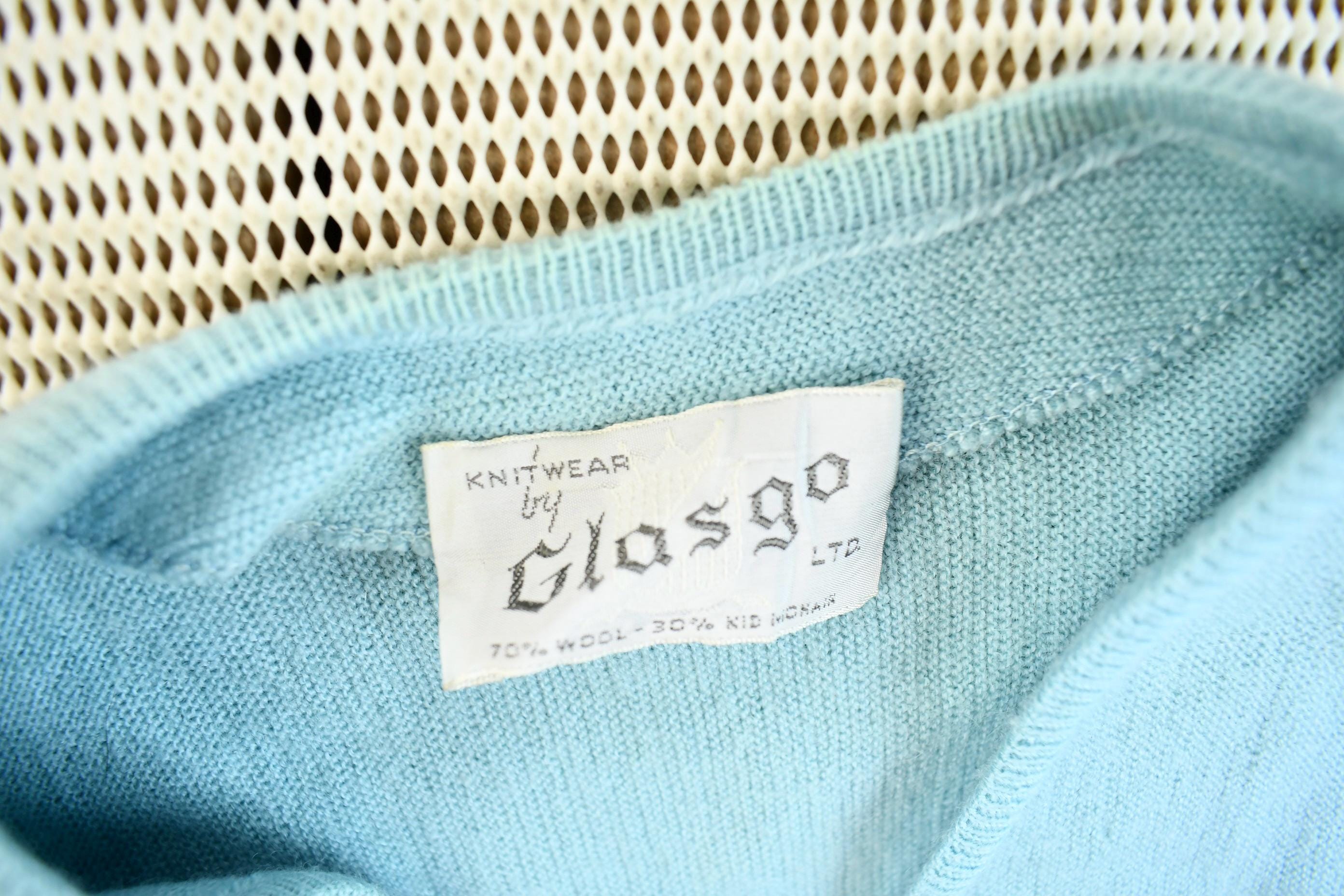 Vintage 1960s Glasgo Light Blue Knit Mohair Blend Cardigan Sweater
