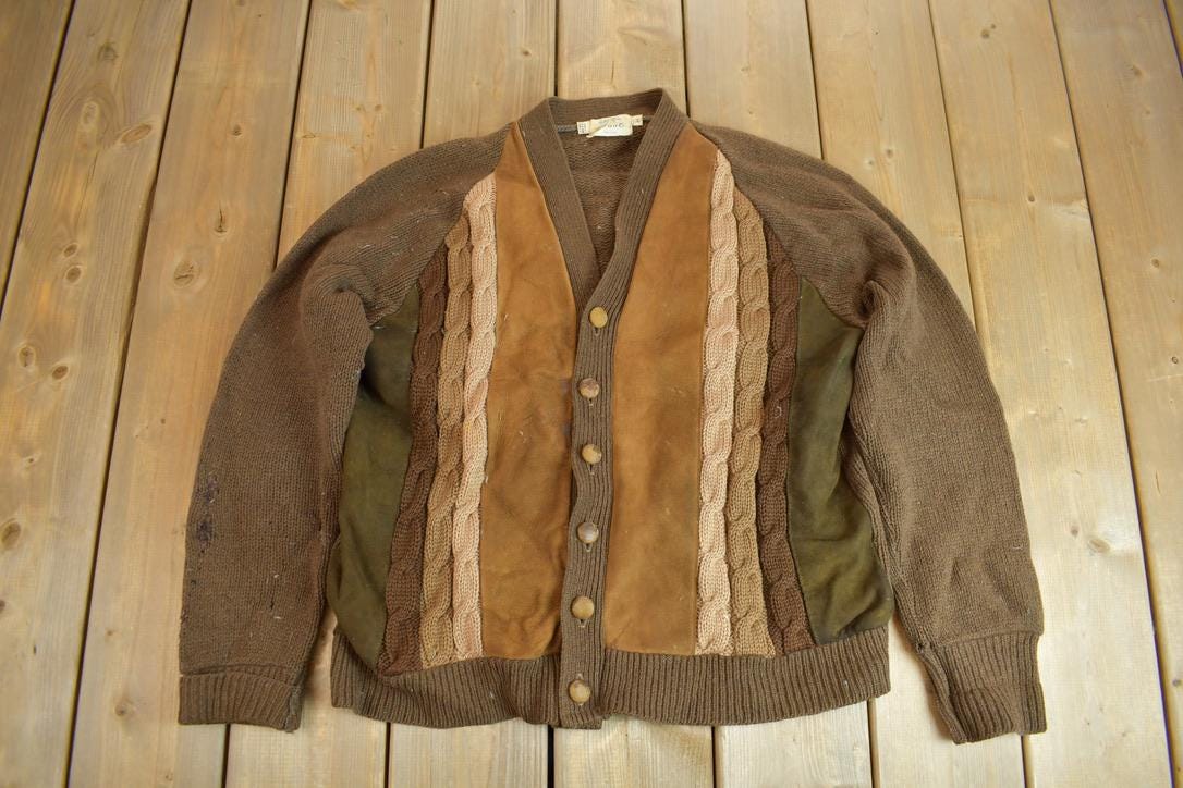 Vintage 1950s Wool 2 Ply Cable Knit Cardigan Sweater