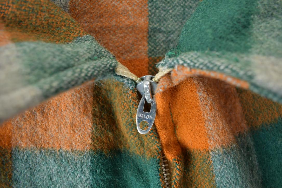 Vintage 1950s Orange & Green Plaid Wool Zip Up Jacket