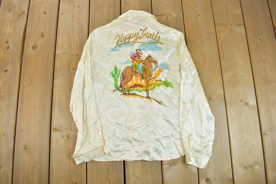 Vintage 1980s Happy Trails Satin Button Up Cowboy Shirt