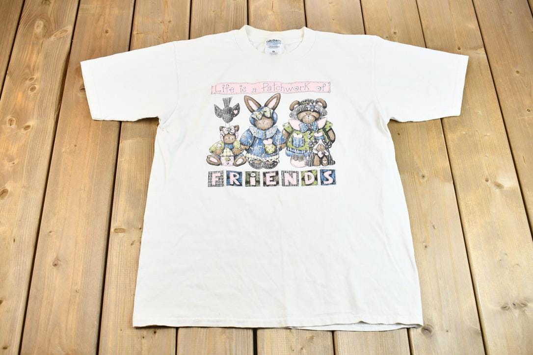 Vintage 1990s Life is a Patchwork of Friends Cute Stuffed Animal Graphic T-Shirt