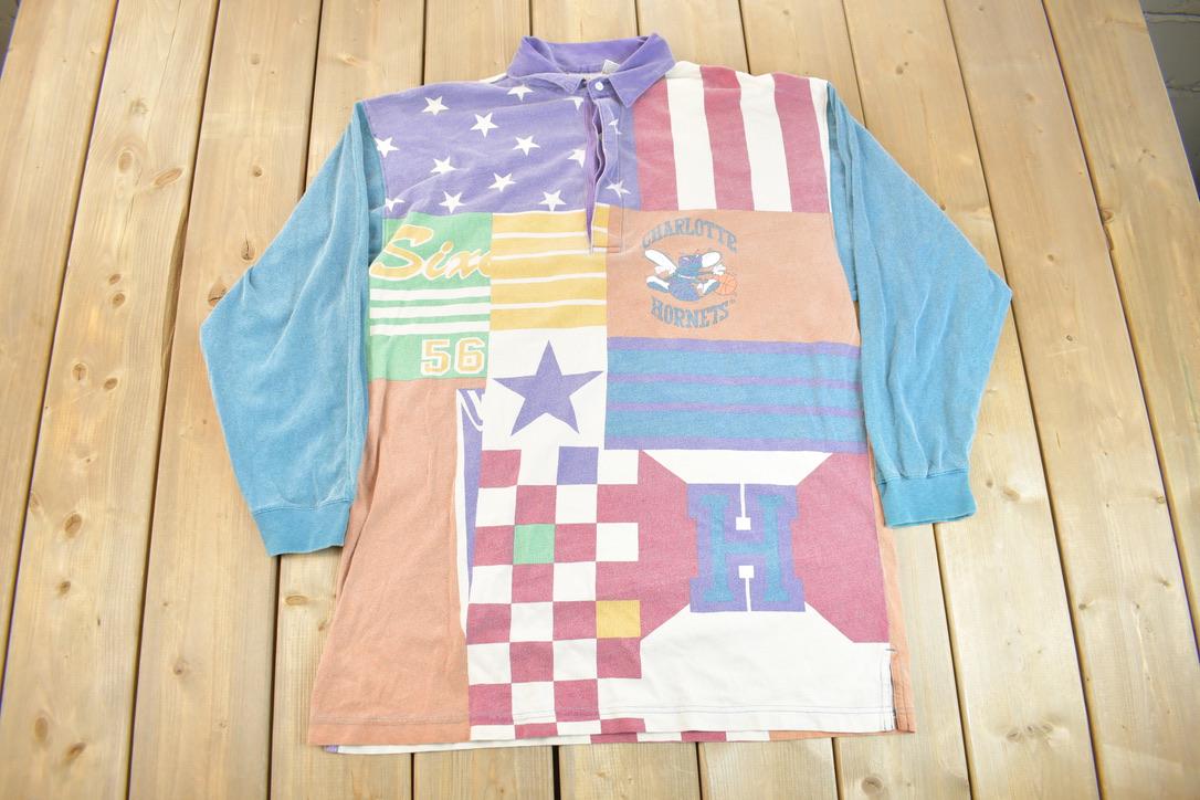 Vintage 1990s Charlotte Hornets NBA Color Block Long Sleeve Polo Shirt