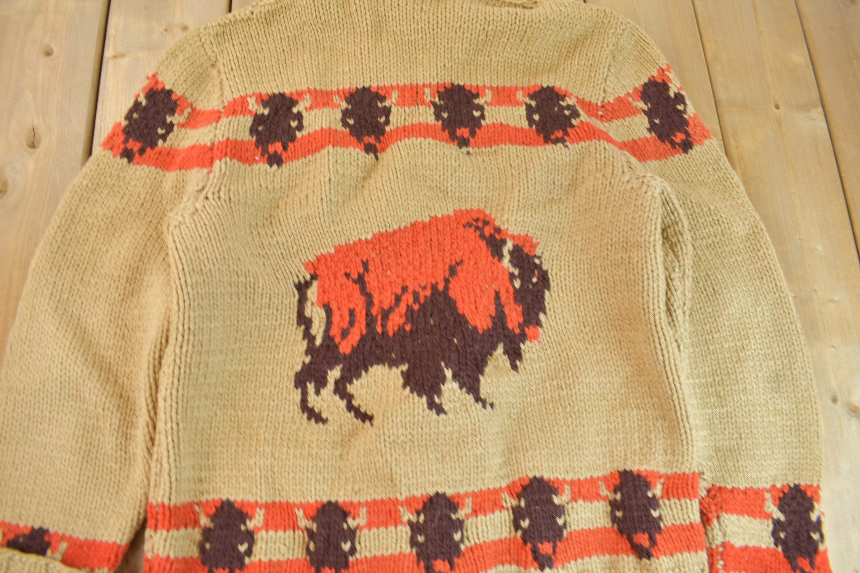 Vintage 1950s Hand-Knit Buffalo Theme Cowichan Sweater