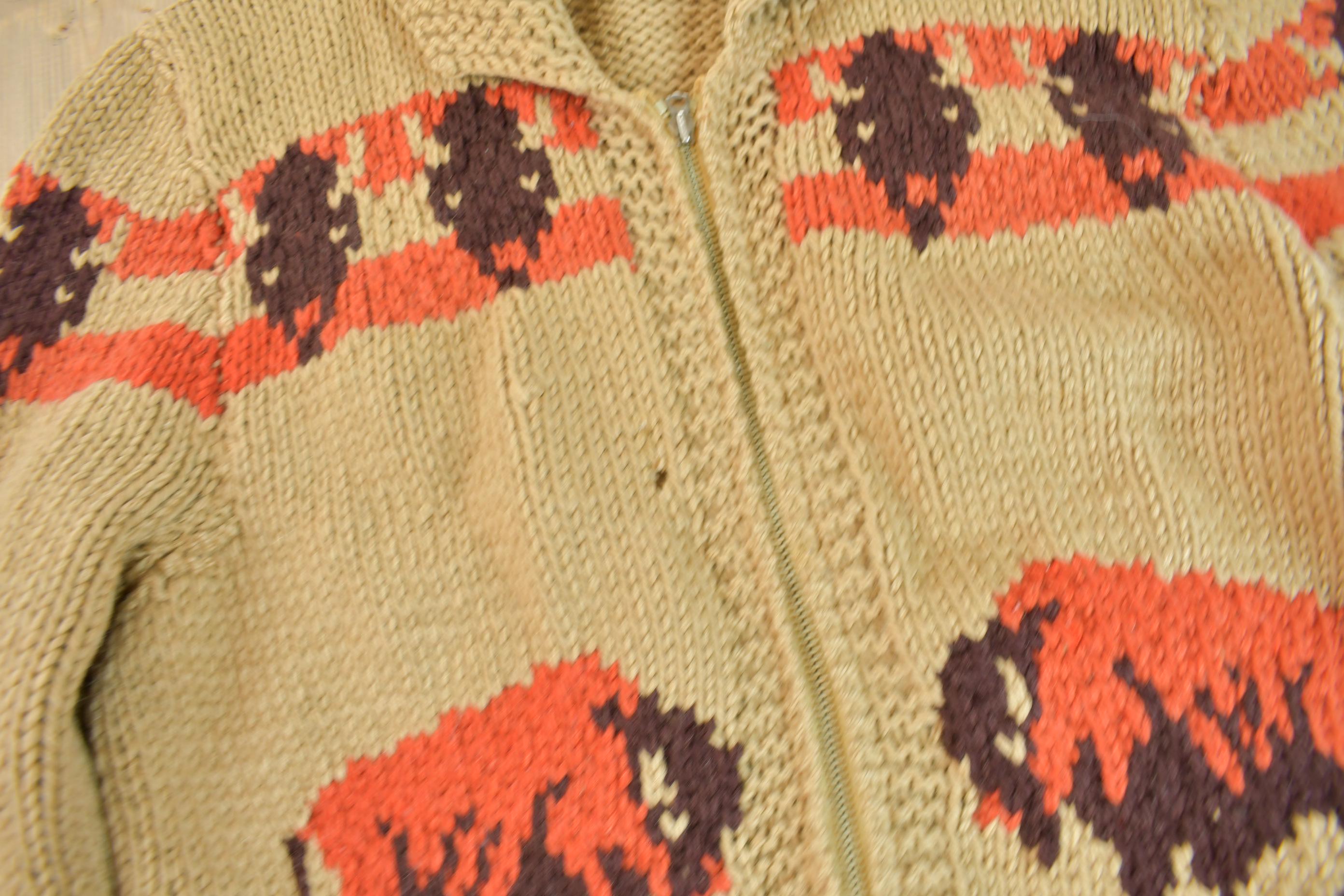 Vintage 1950s Hand-Knit Buffalo Theme Cowichan Sweater