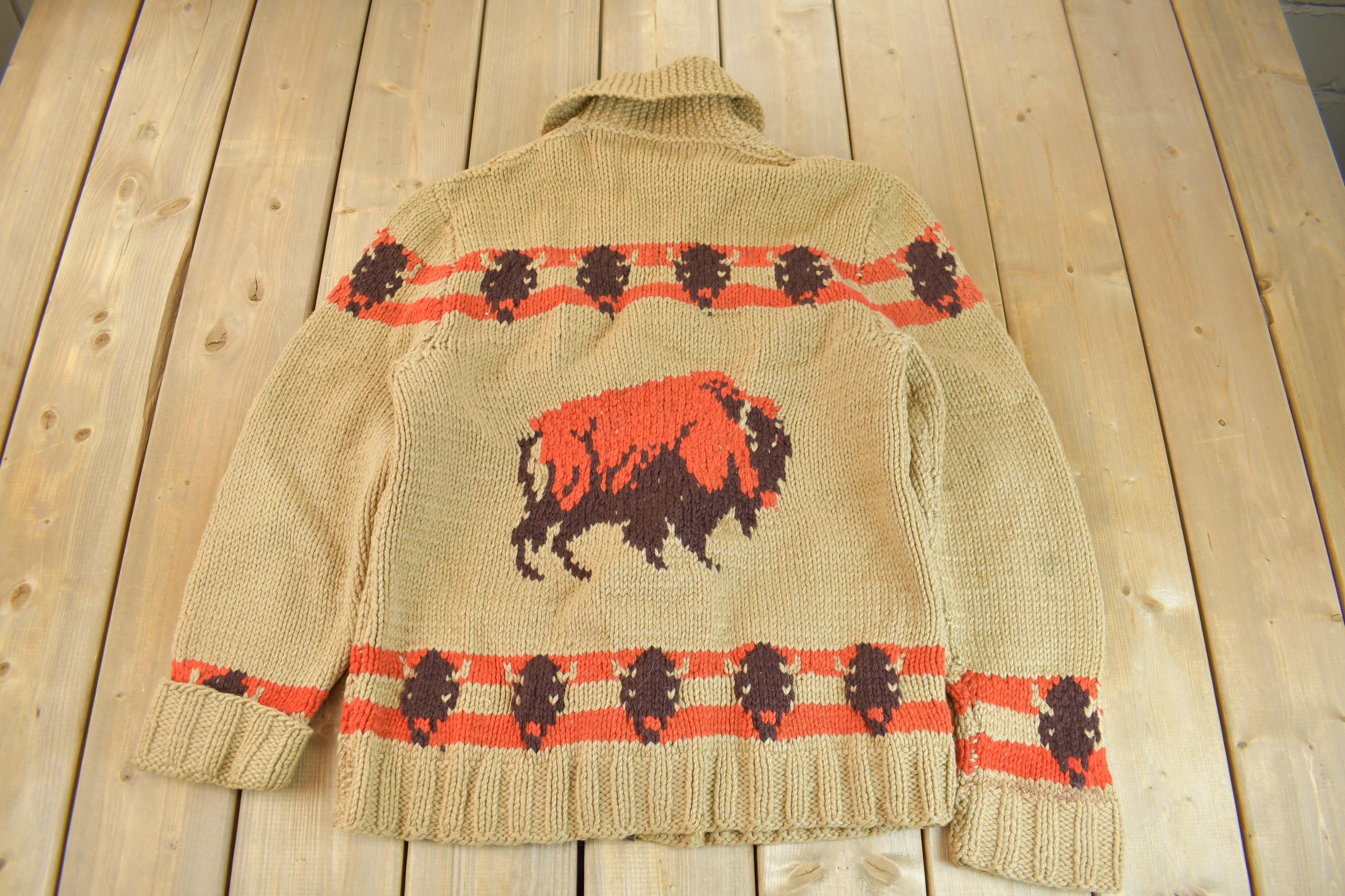 Vintage 1950s Hand-Knit Buffalo Theme Cowichan Sweater