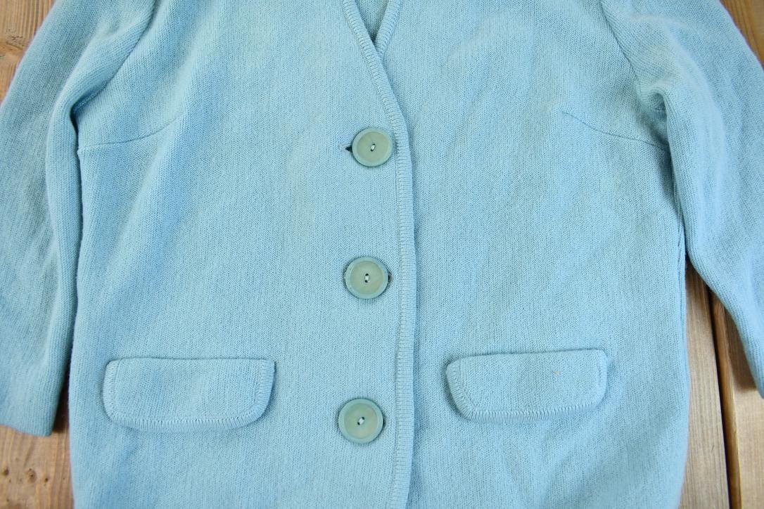 Vintage 1960s Glasgo Light Blue Knit Mohair Blend Cardigan Sweater