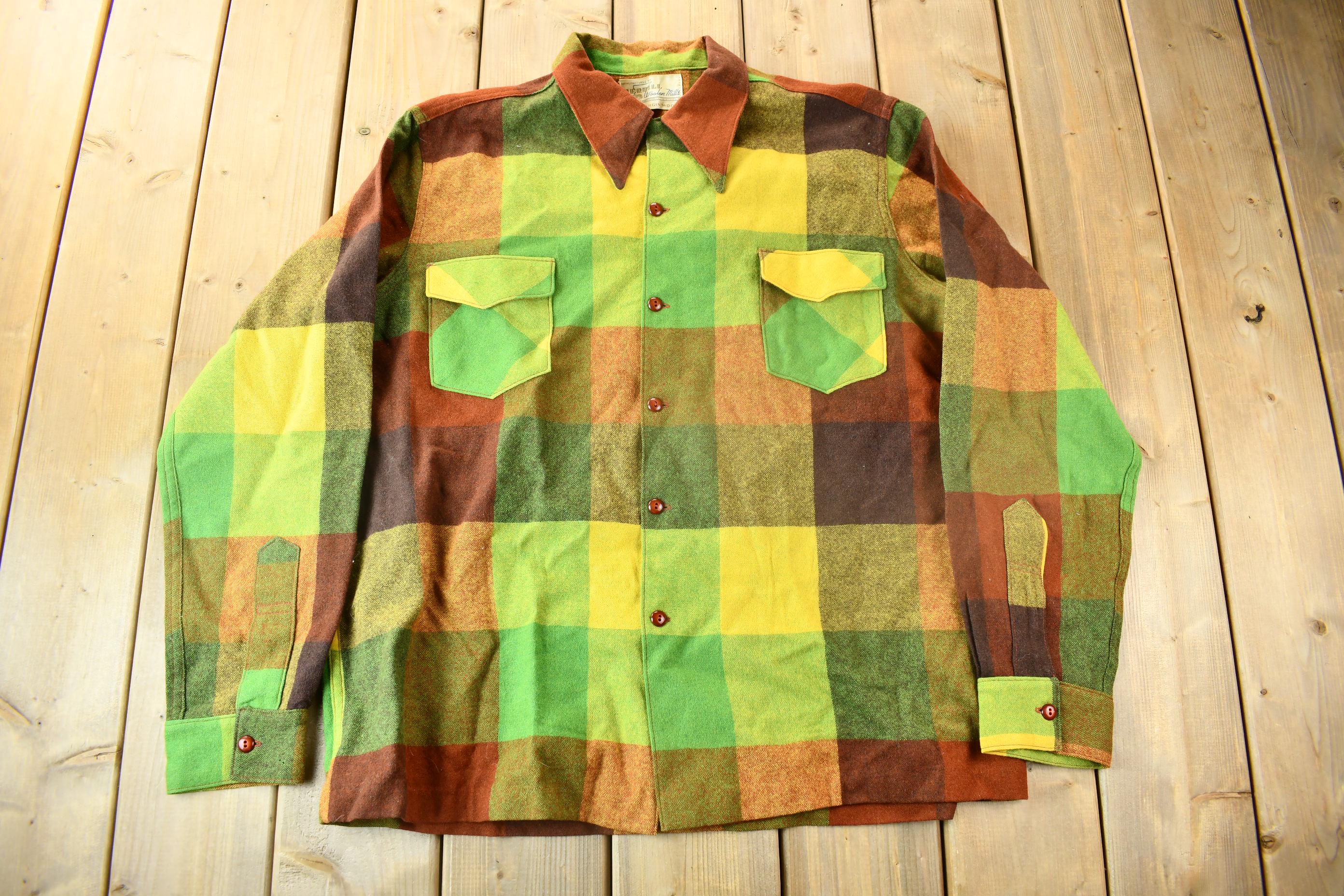Vintage 1950s Green & Brown Plaid Wool Button Up Shirt