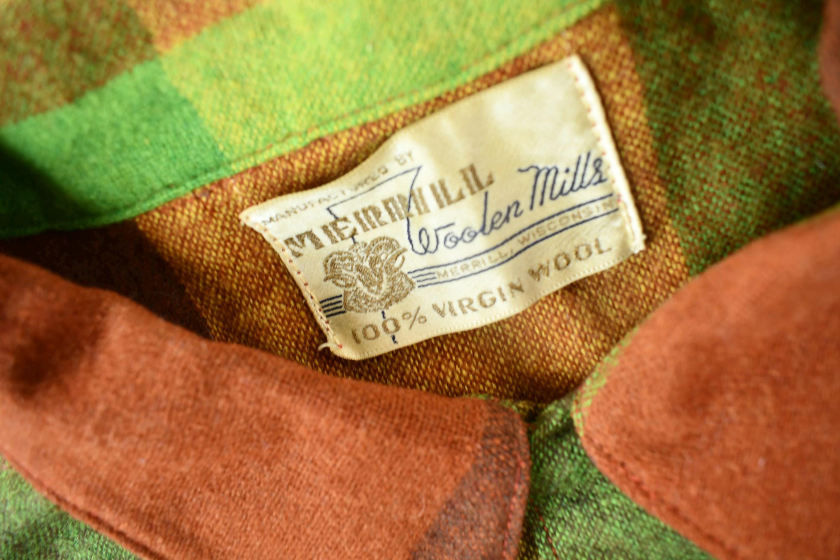 Vintage 1950s Green & Brown Plaid Wool Button Up Shirt