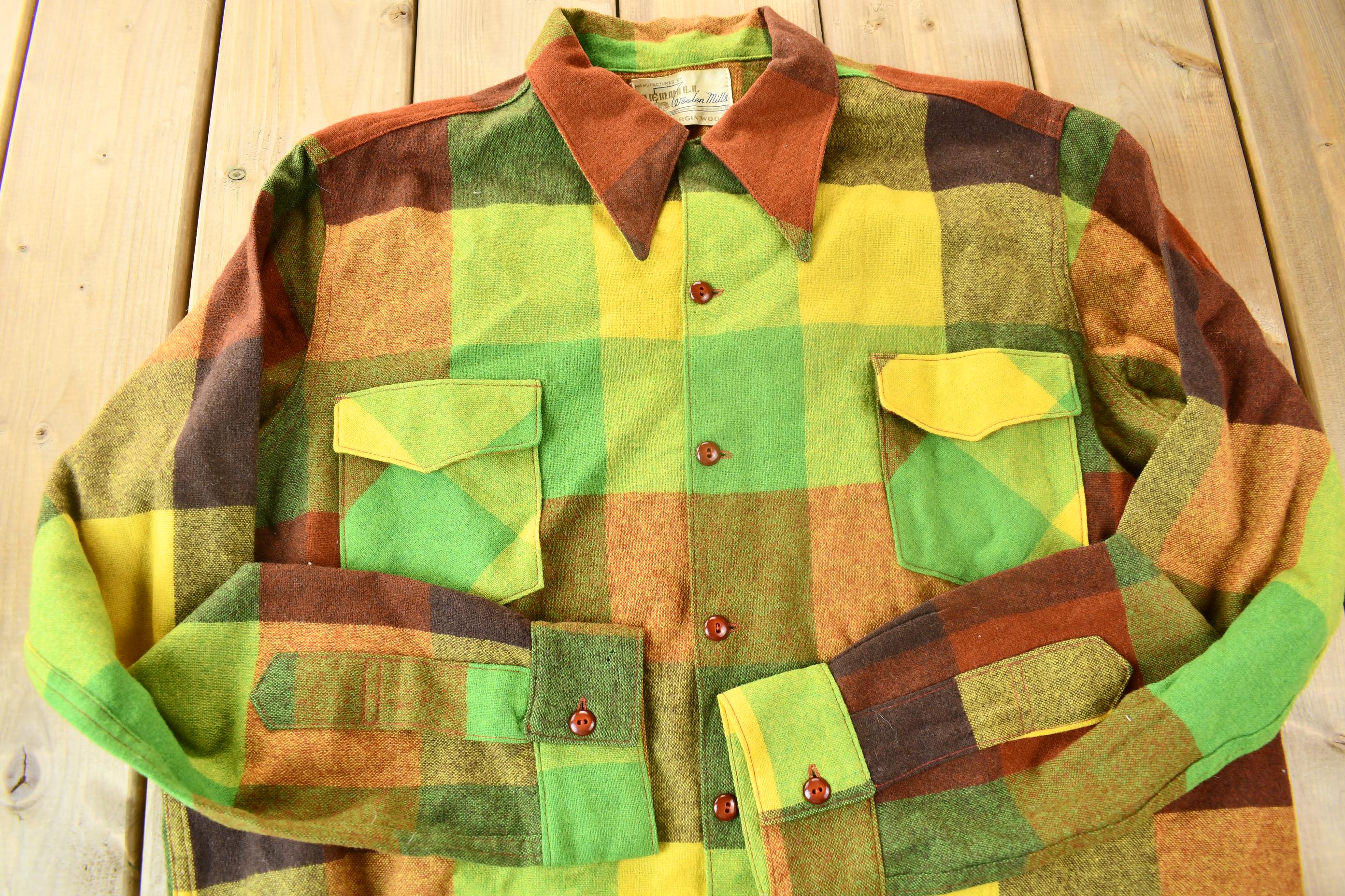 Vintage 1950s Green & Brown Plaid Wool Button Up Shirt