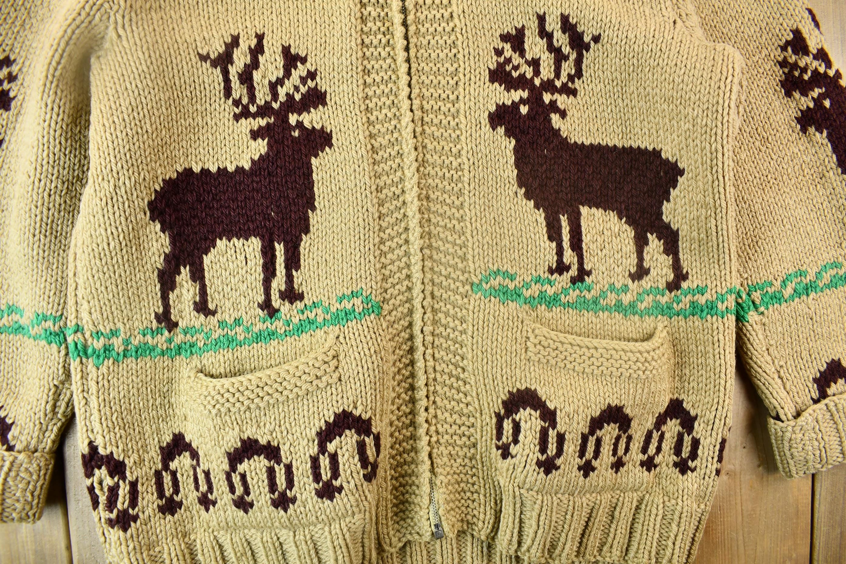 Vintage 1950s Hand-Knit Elk Theme Cowichan Sweater
