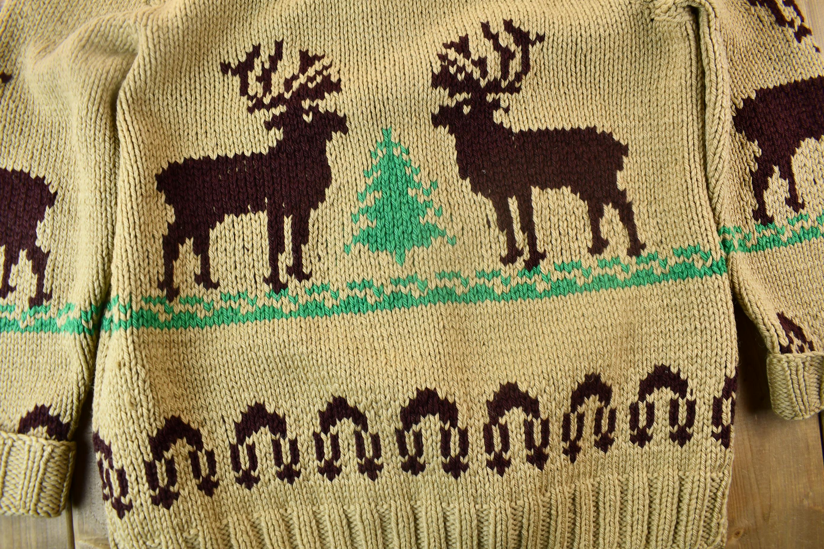 Vintage 1950s Hand-Knit Elk Theme Cowichan Sweater