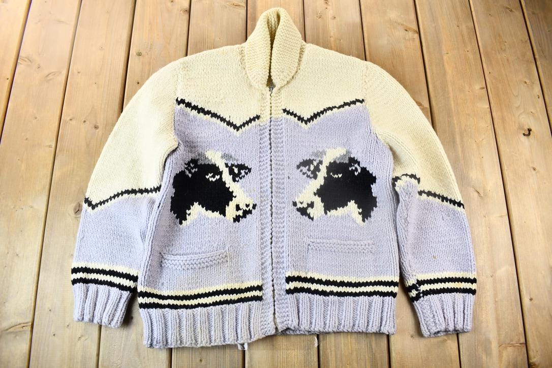 Vintage 1950s Hand-Knit Cow Theme Cowichan Sweater