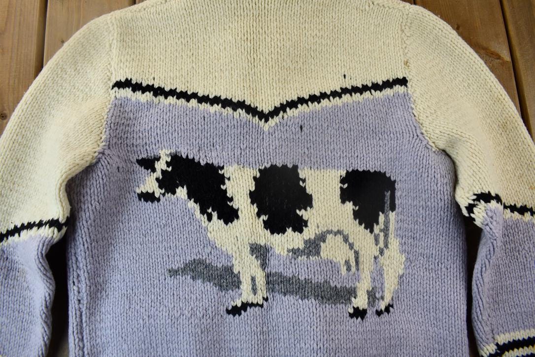 Vintage 1950s Hand-Knit Cow Theme Cowichan Sweater