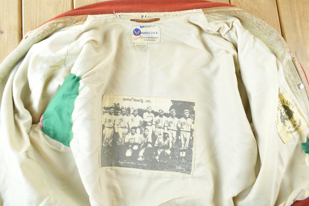 Vintage 1990s Avirex USA Red Cloud Lakota Tribe Genuine Leather Varsity Jacket