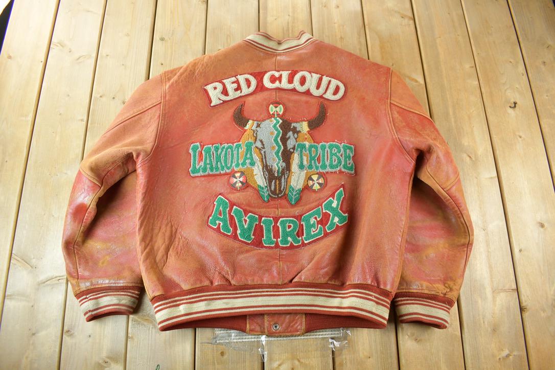 Vintage 1990s Avirex USA Red Cloud Lakota Tribe Genuine Leather Varsity Jacket