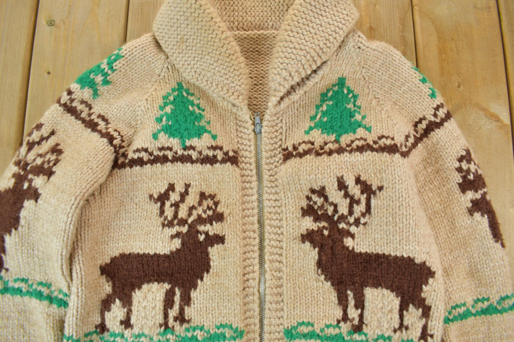 Vintage 1950s Hand-Knit Elk Theme Cowichan Sweater