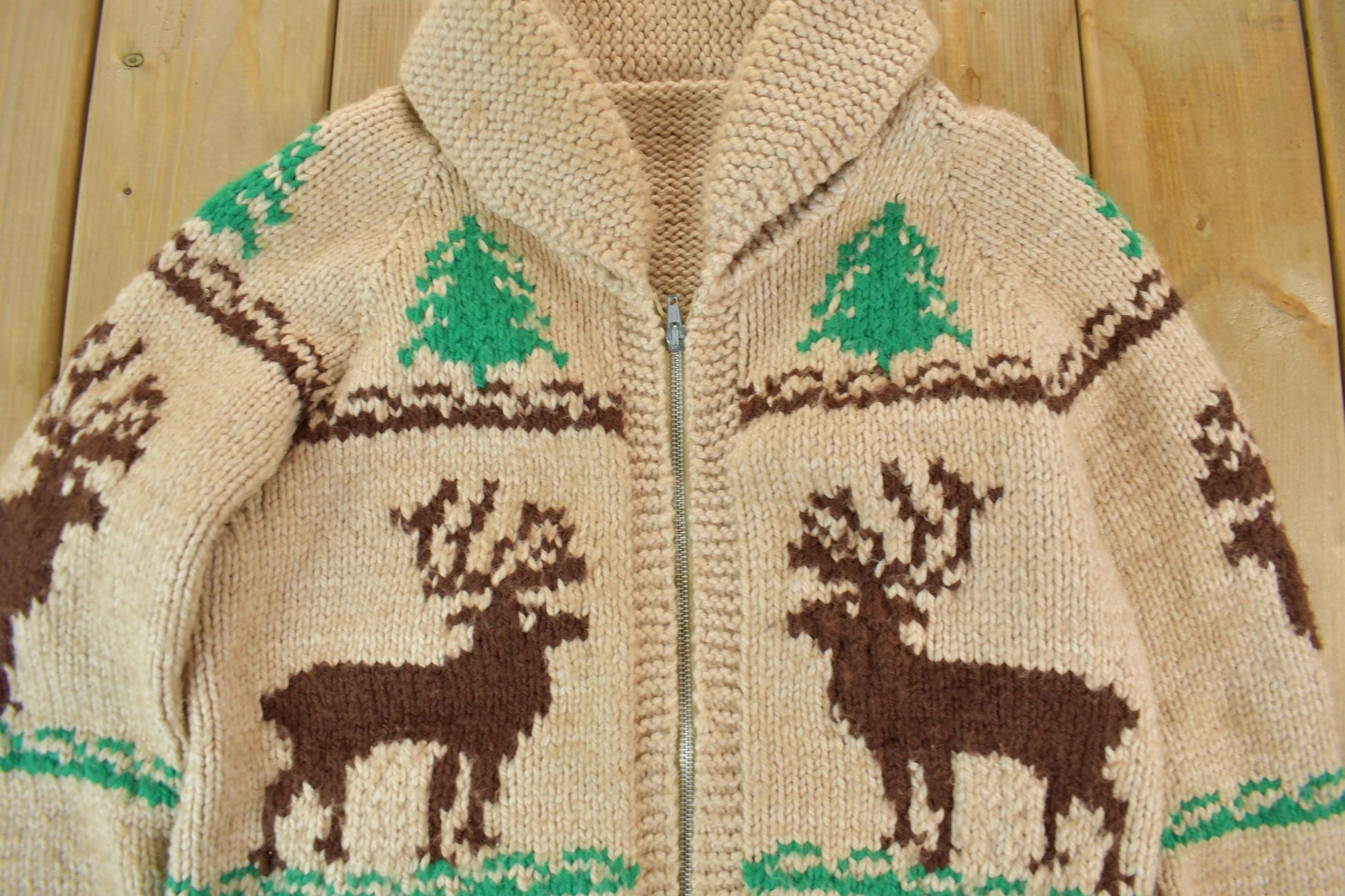 Vintage 1950s Hand-Knit Elk Theme Cowichan Sweater