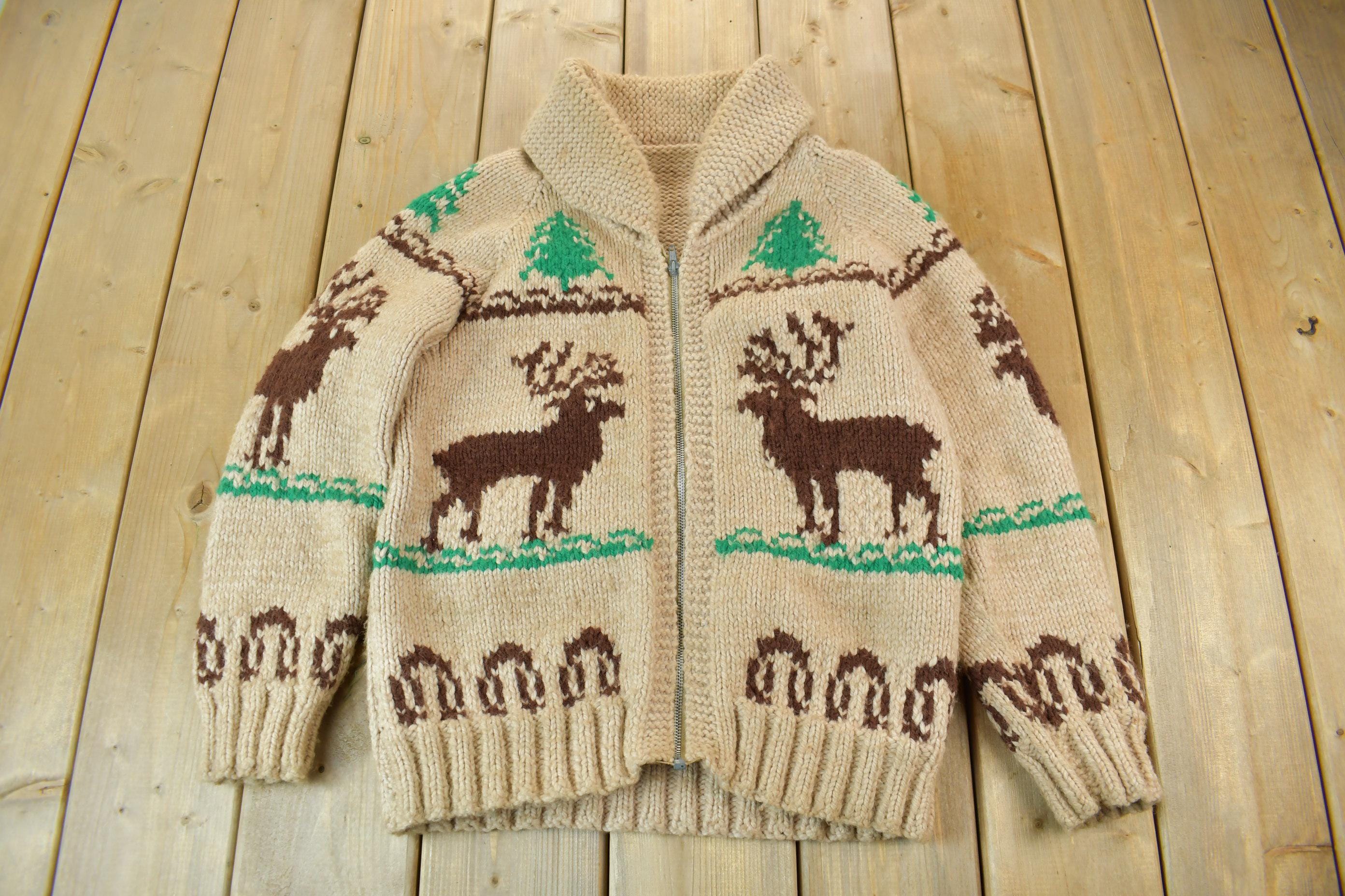 Vintage 1950s Hand-Knit Elk Theme Cowichan Sweater
