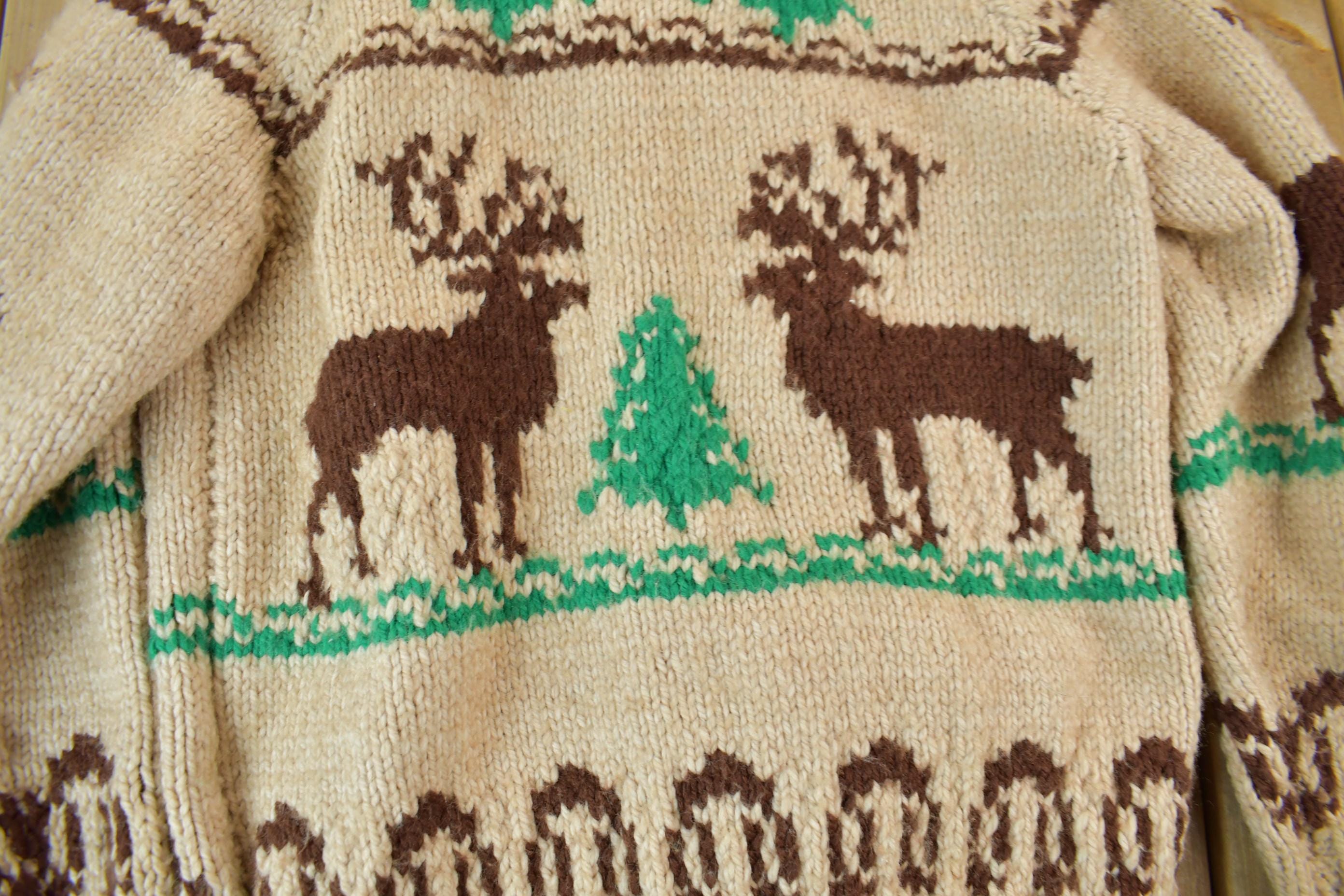Vintage 1950s Hand-Knit Elk Theme Cowichan Sweater
