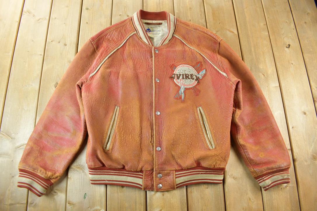 Vintage 1990s Avirex USA Red Cloud Lakota Tribe Genuine Leather Varsity Jacket