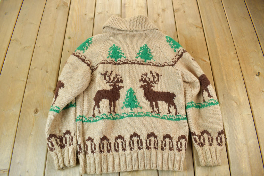 Vintage 1950s Hand-Knit Elk Theme Cowichan Sweater