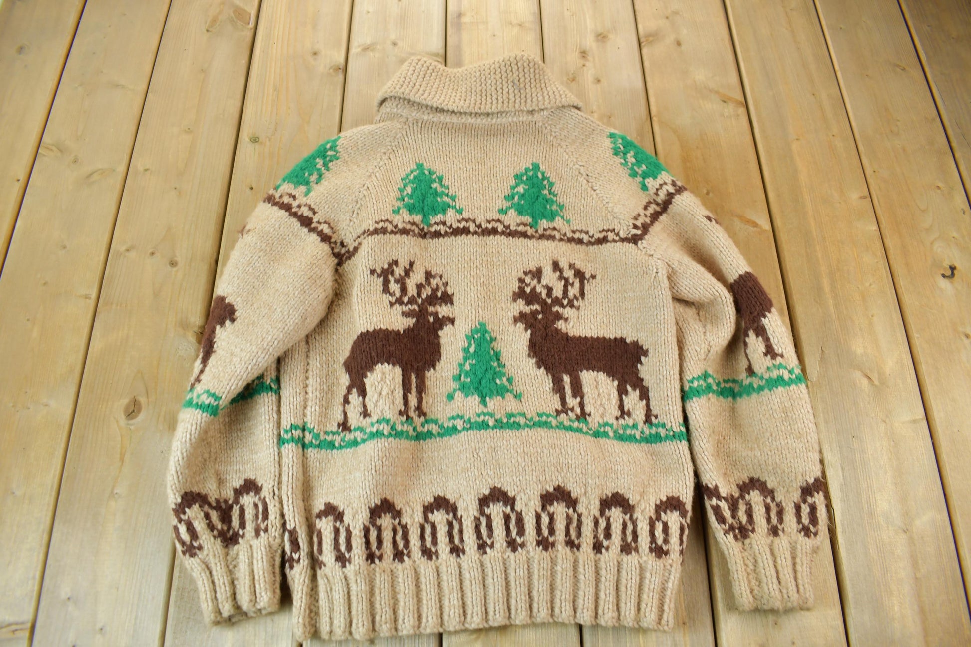 Vintage 1950s Hand-Knit Elk Theme Cowichan Sweater